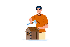 Carpenter building birdhouse with, a Person Illustration by pikepicture