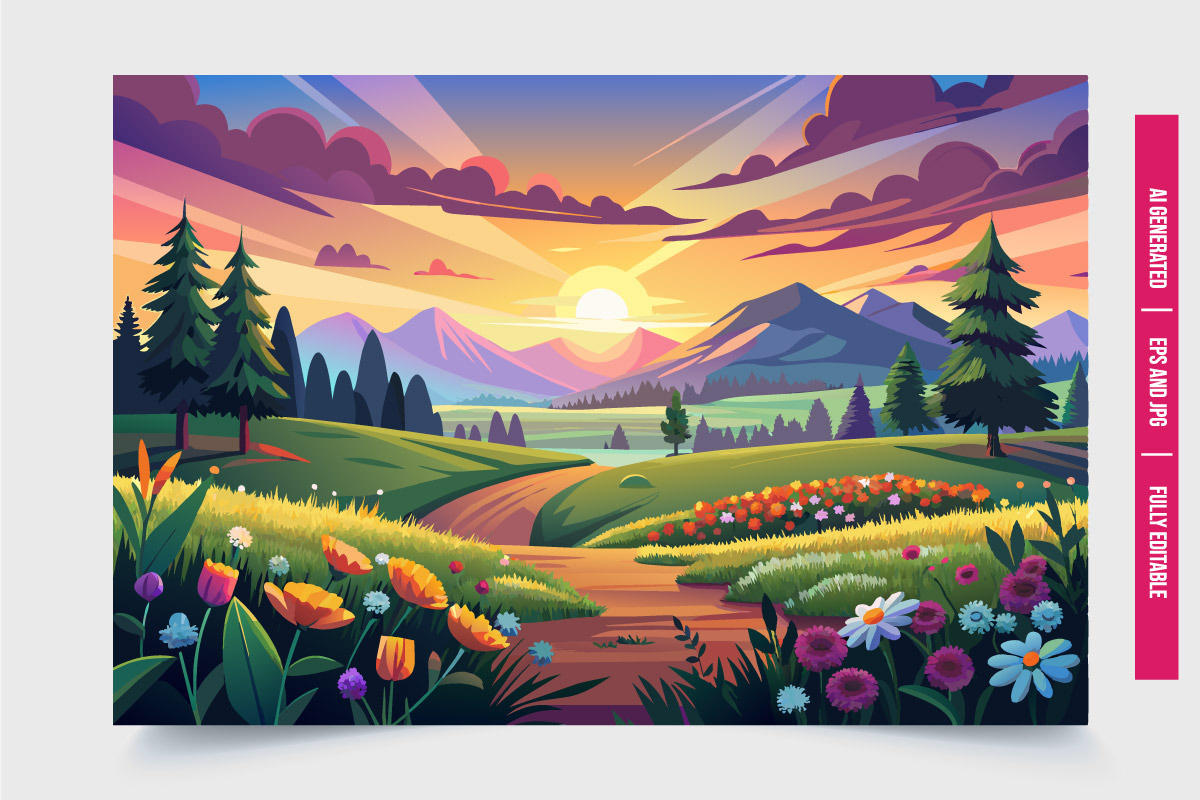 Colorful Sunset Over Rolling Hills, an Illustration by Tanuart (Photo 3 of 3)
