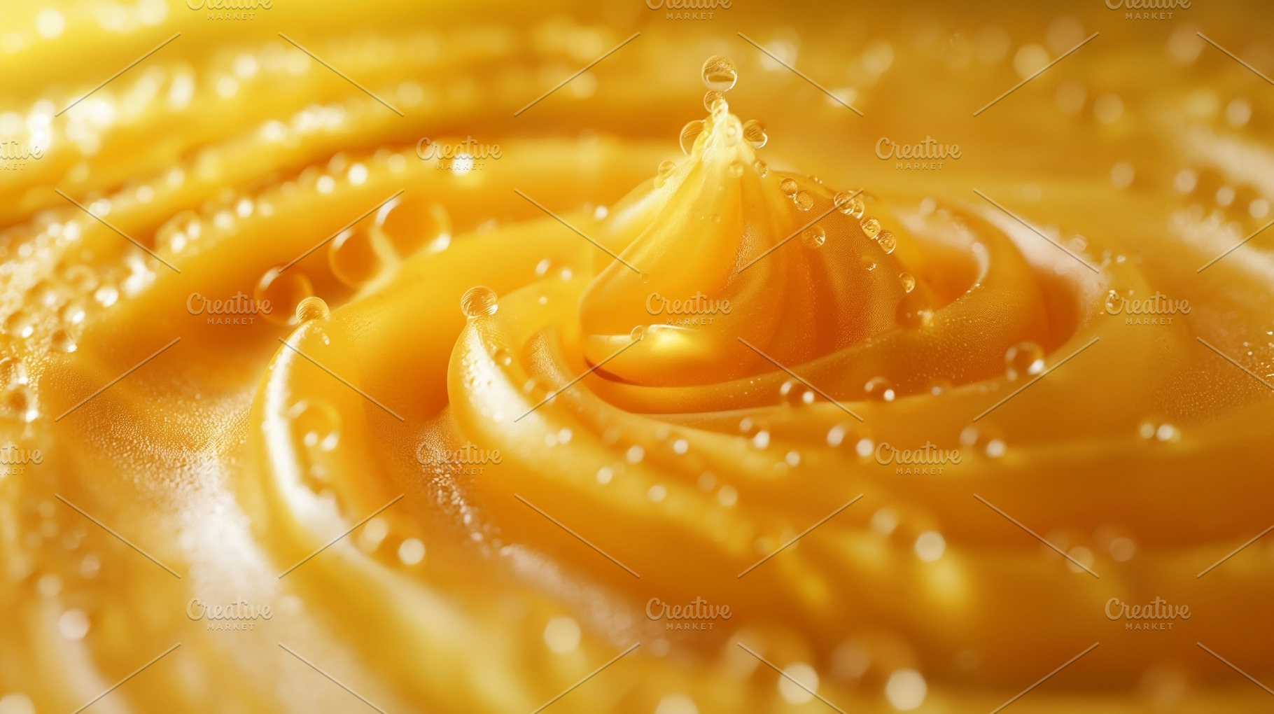 Close-up of a vibrant yellow swirl with droplets, creating a mes, a Food & Drink Photo by ImageMir