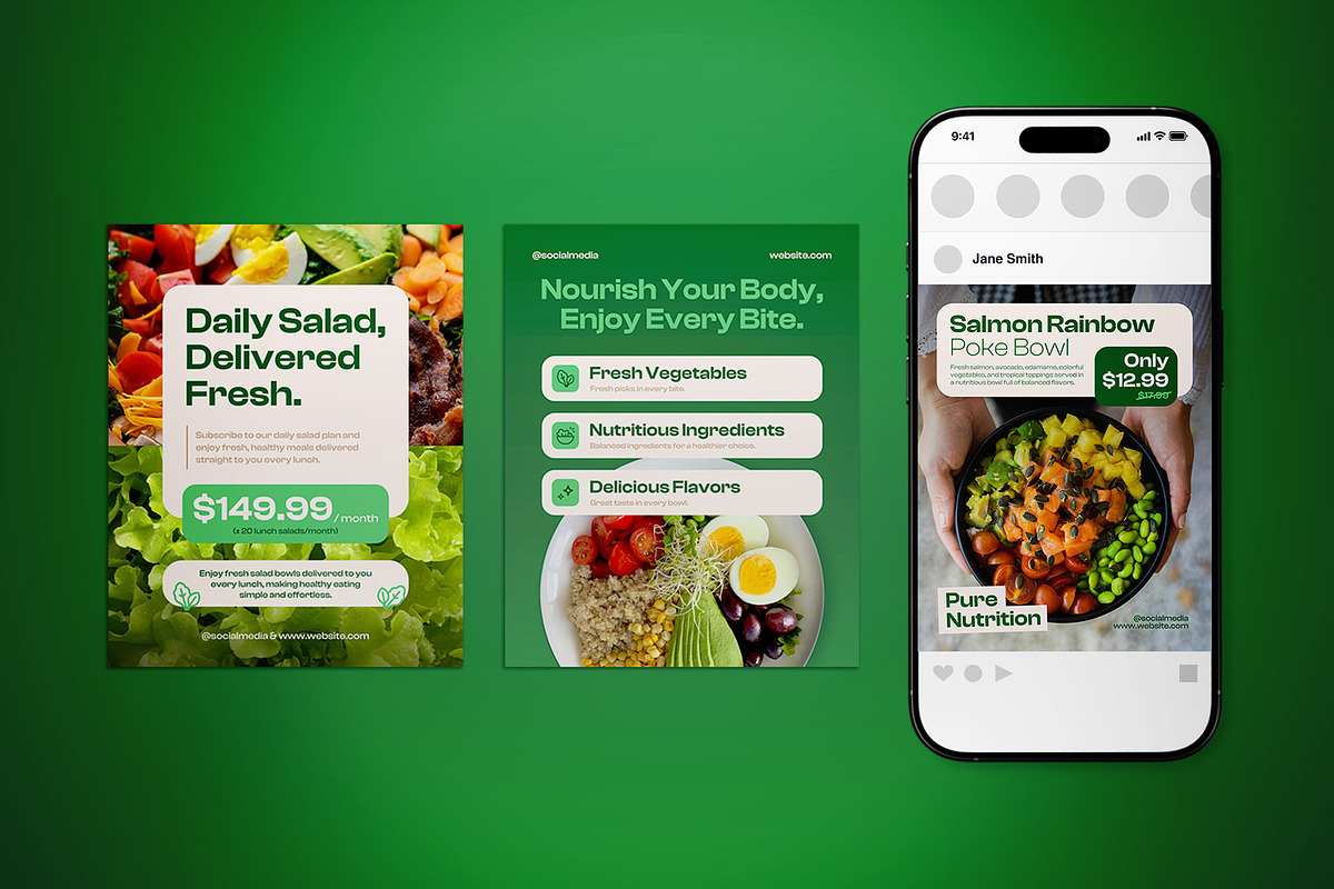 Salad Healthy Food Social Media Pack, a Flyer Template by The Good Store (Photo 2 of 4)