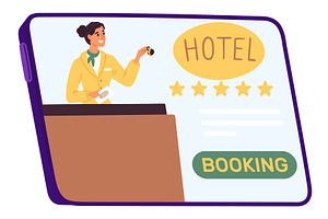 Tablet with girl holding hotel room, a Technology Illustration by Vectorbuum