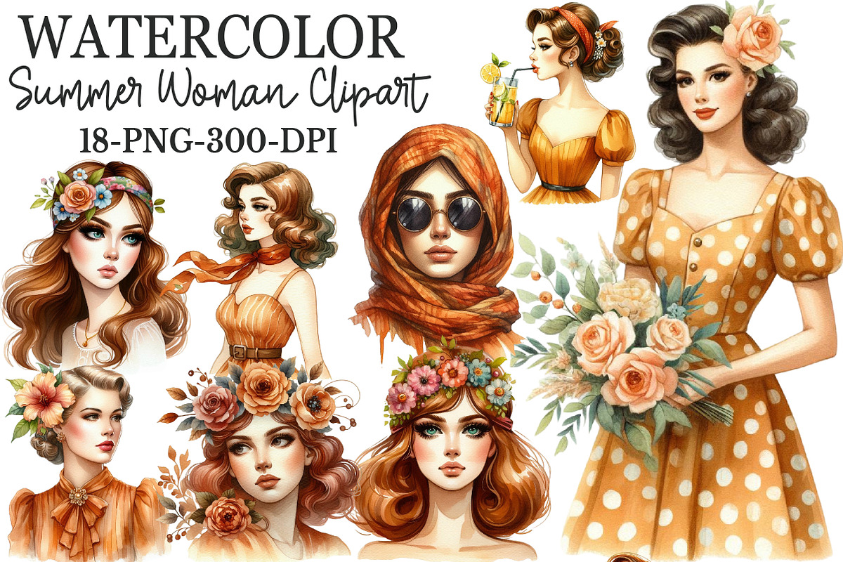Amber Summer Vintage Woman Clipart, an Illustration by Rose Art (Photo 1 of 7)