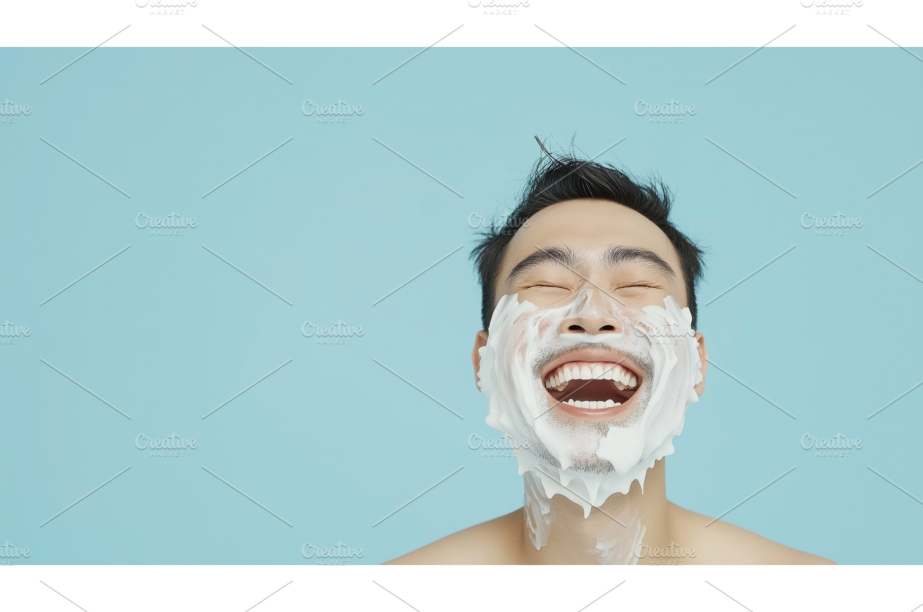 A joyful Asian man with shaving, a Person Photo by Sergey Kotenev
