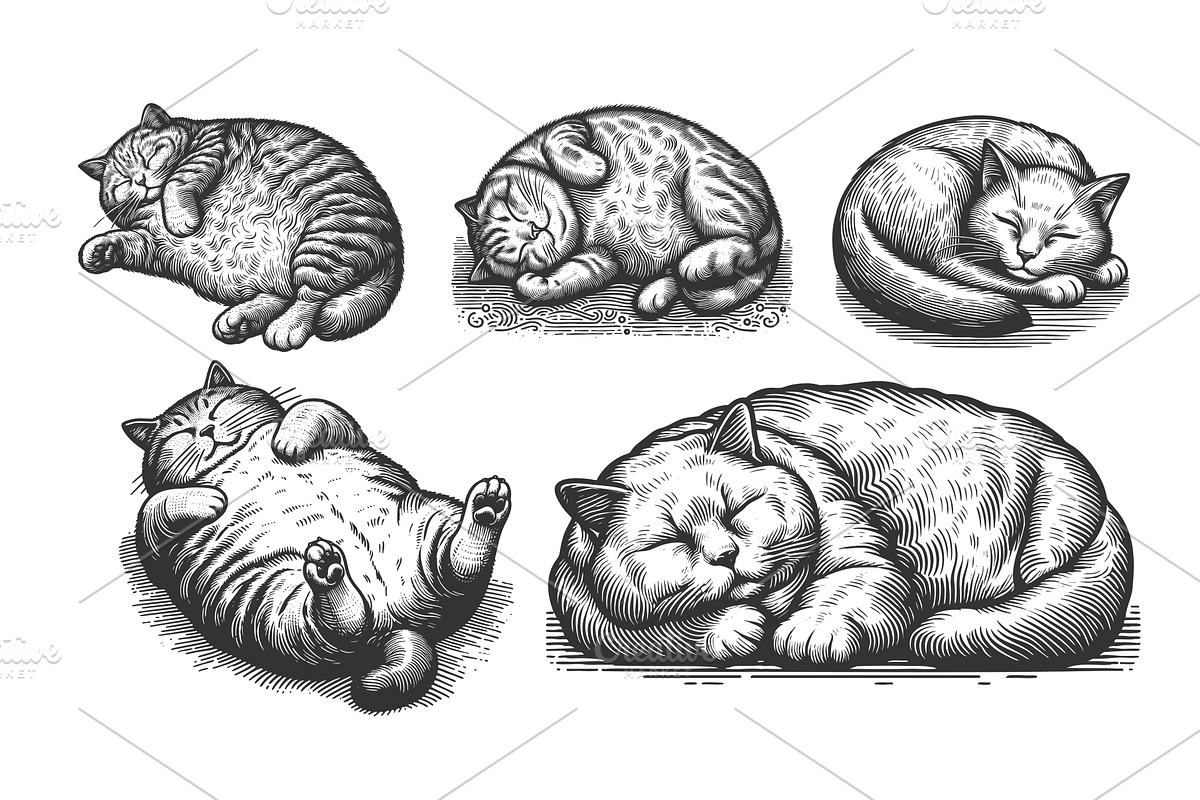 Sleeping cat engraving set vector, an Animal Illustration by AlexArt