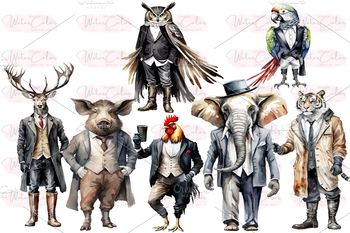 Dressed Animals Collection Clipart, an Animal Illustration by Watercolor Digital (Photo 2 of 7)