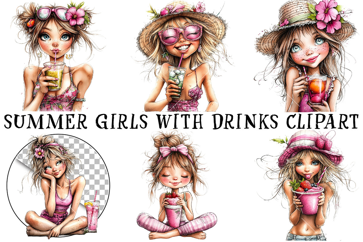 Summer Girls with Drinks Clipart, an Illustration by OK Design (Photo 2 of 6)