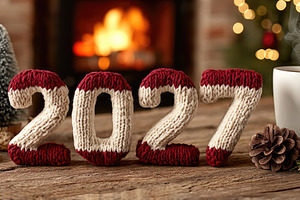 Cozy 2027 New Year Celebration with Knitted Numbers, Fireplace,, a Background Photo by José Manuel Gelpi