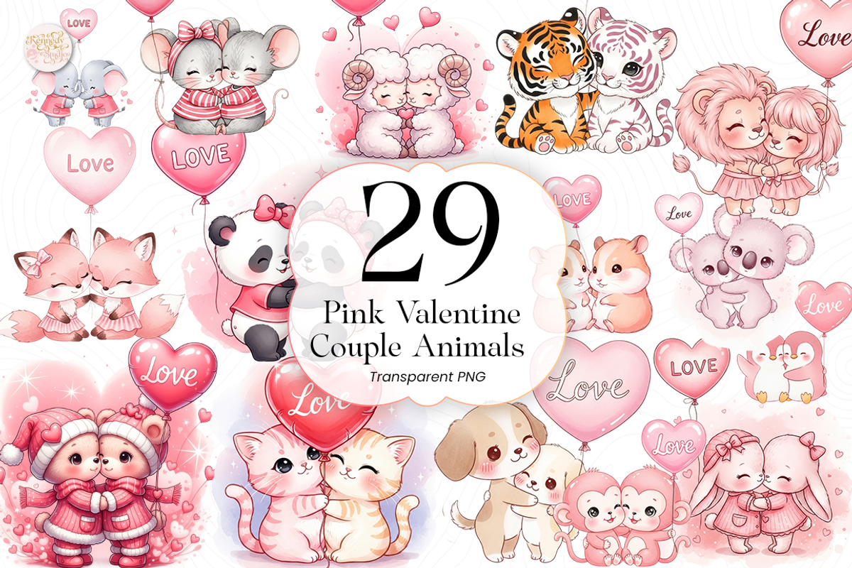 Pink Valentine Couple Animals PNG, an Animal Illustration by KennedyStudio (Photo 1 of 5)