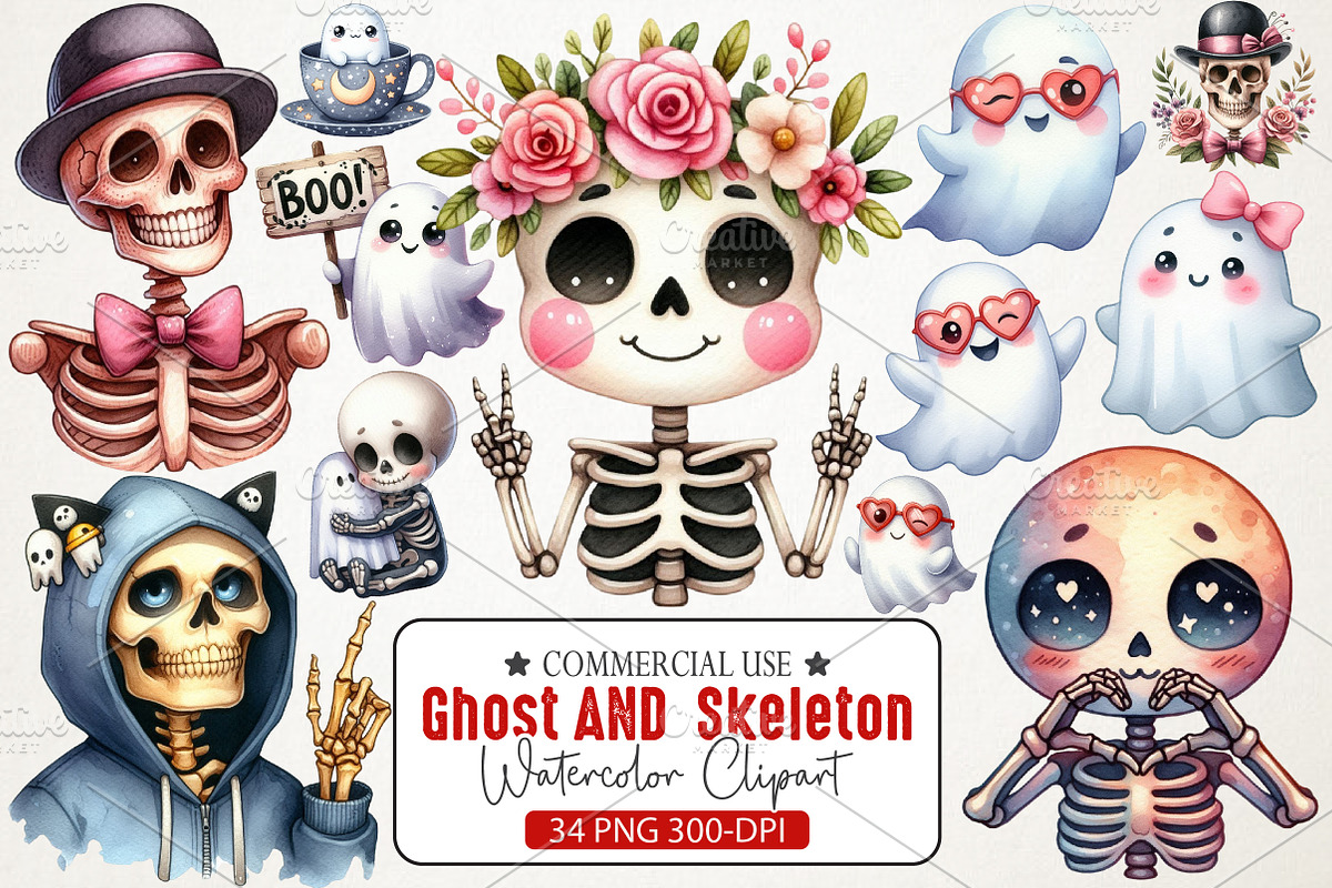 Cute Ghosts  Kawaii Skeletons PNG, an Illustration by RobertsArt (Photo 1 of 7)