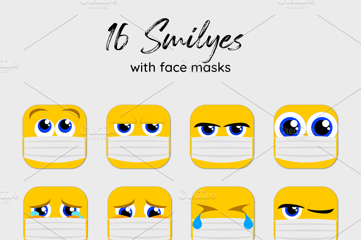 16 Smiley Emoji Icons with face mask, an Emoji Icon by Littlefield Design (Photo 2 of 2)