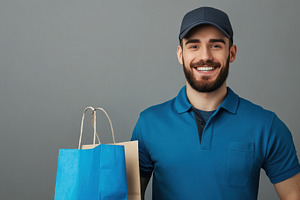 Smiling delivery person with bags, a Photo by Beautiful things