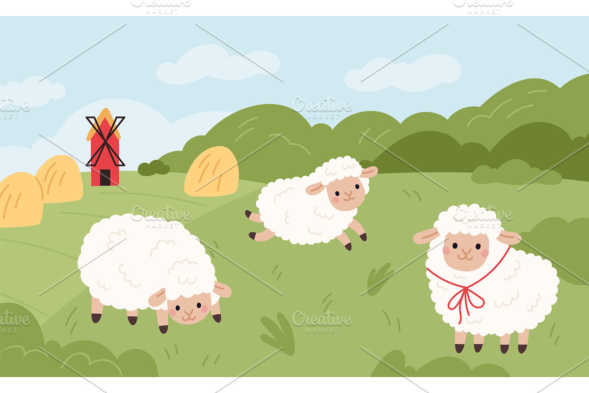 Sheep in pasture. Funny little lambs, an Illustration by YummyBuum