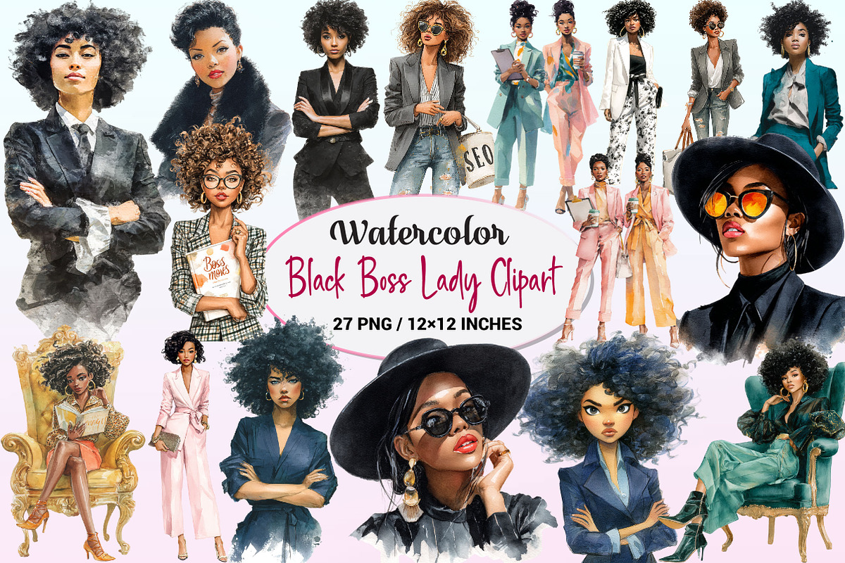 Watercolor Black Boss Lady Clipart, a Graphic by CitraGraphics (Photo 1 of 4)