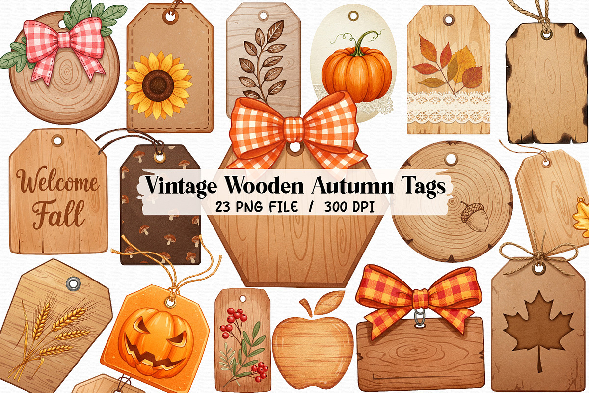 Vintage Wooden Autumn Tags Clipart, an Illustration by Libby Wishes (Photo 1 of 10)