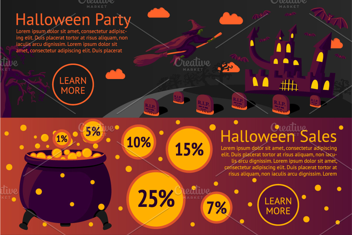 3 cute flat Halloween banners, a Templates & Theme by Tashal