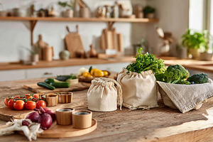 Fresh vegetables and herbs arranged on a wooden kitchen table in a sunny space, a Food & Drink Photo by AlyaAnd