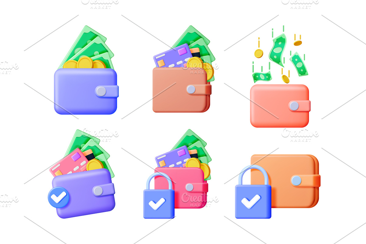 Money wallet icon set in 3d vector, a Finance Illustration by Abscent