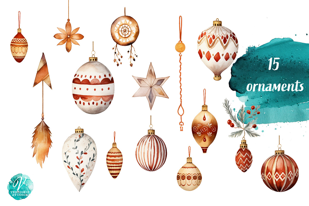 Watercolor Boho Christmas Elements, a Seasonal Illustration by Verdigris Studios (Photo 2 of 3)