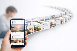 Anxious concept. Social media feed scrolling in hand with blurre, a Photo by Dvoevnore photos