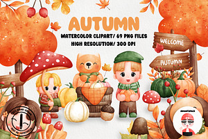 Autumn Watercolor Clipart, Fall