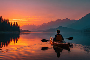 Kayaking at Sunset Majestic Mountain, a Photo by Pixeness Studio