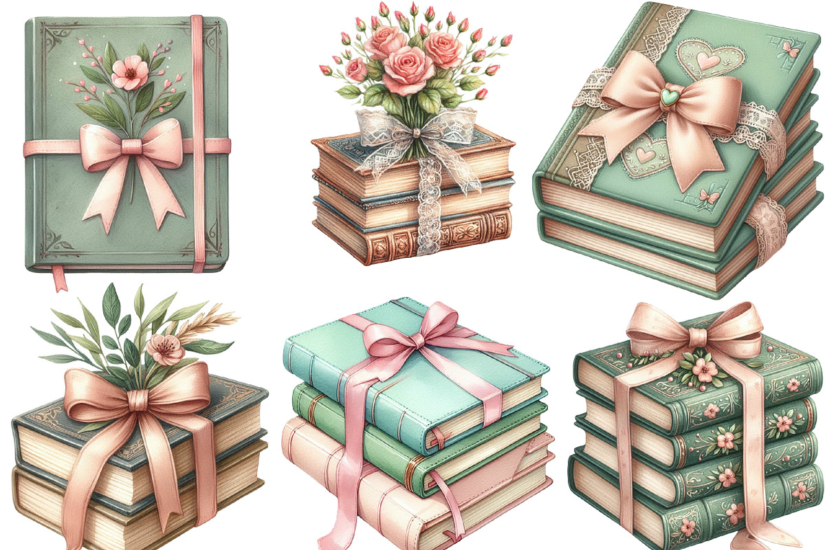 Sage Coquette Bow Book Stack Clipart, an Illustration by Designking (Photo 3 of 4)