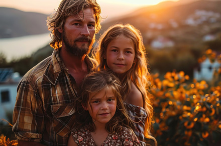 Portrait of happy family on sunset in the countryside. Father an, a Photo by AS photostudio