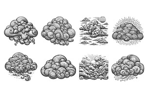 Cloud engraving set vector, an Illustration by AlexArt