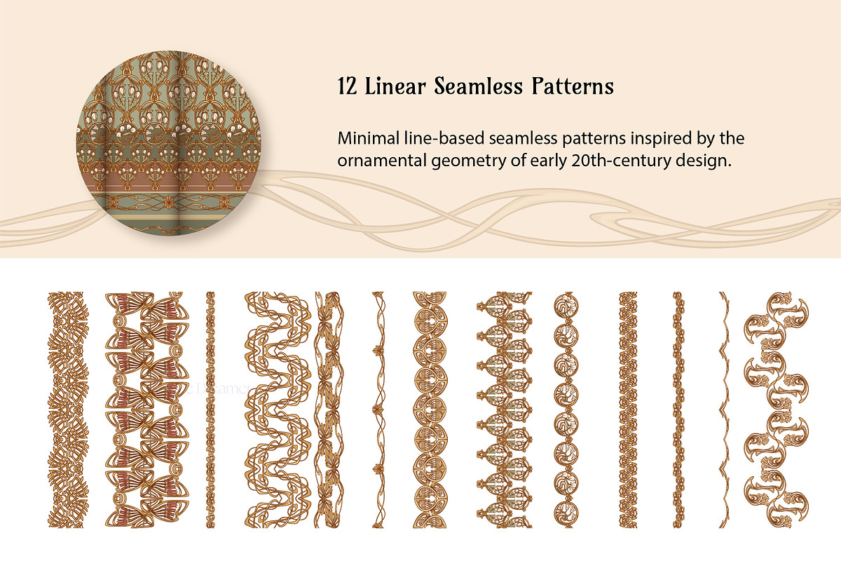 Art Nouveau Linear Seamless Patterns, a Pattern Graphic by Elen-Lane (Photo 2 of 4)