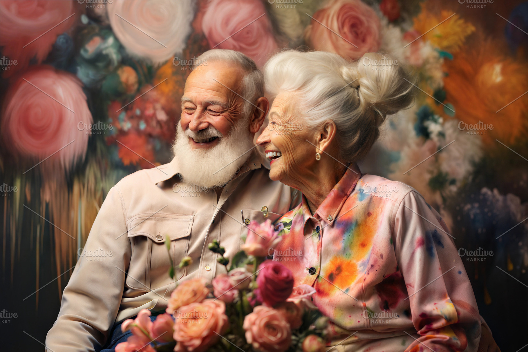 Joyful elderly couple with flowers on colorful background., a Person Photo by ImageMir