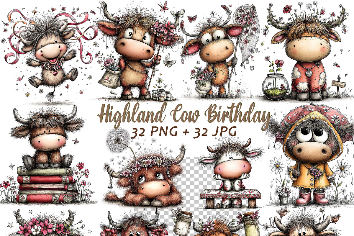 Highland Cow Birthday Animal Clipart, a Graphic by one-touch (Photo 1 of 17)