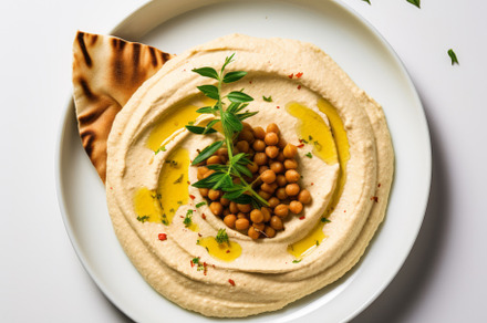 Classic hummus with herbs, olive oil in a vintage ceramic bowl flat lay, a Food & Drink Photo by Natalia Klenova's Shop