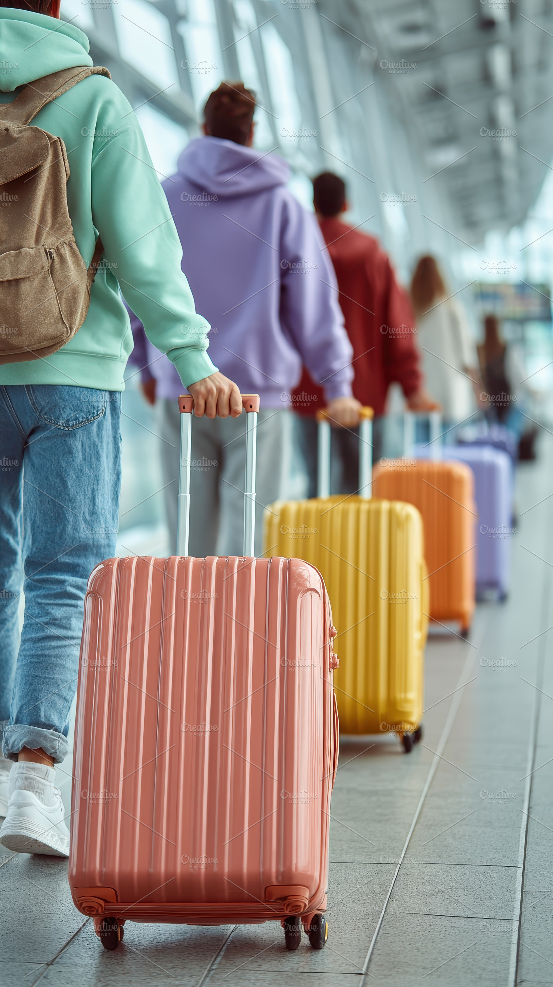 Travelers with colorful suitcases wa, a Photo by Pixeness Studio