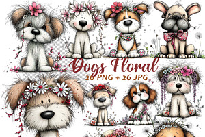 Whimsical Dogs Floral Clipart Spring, a Graphic by one-touch