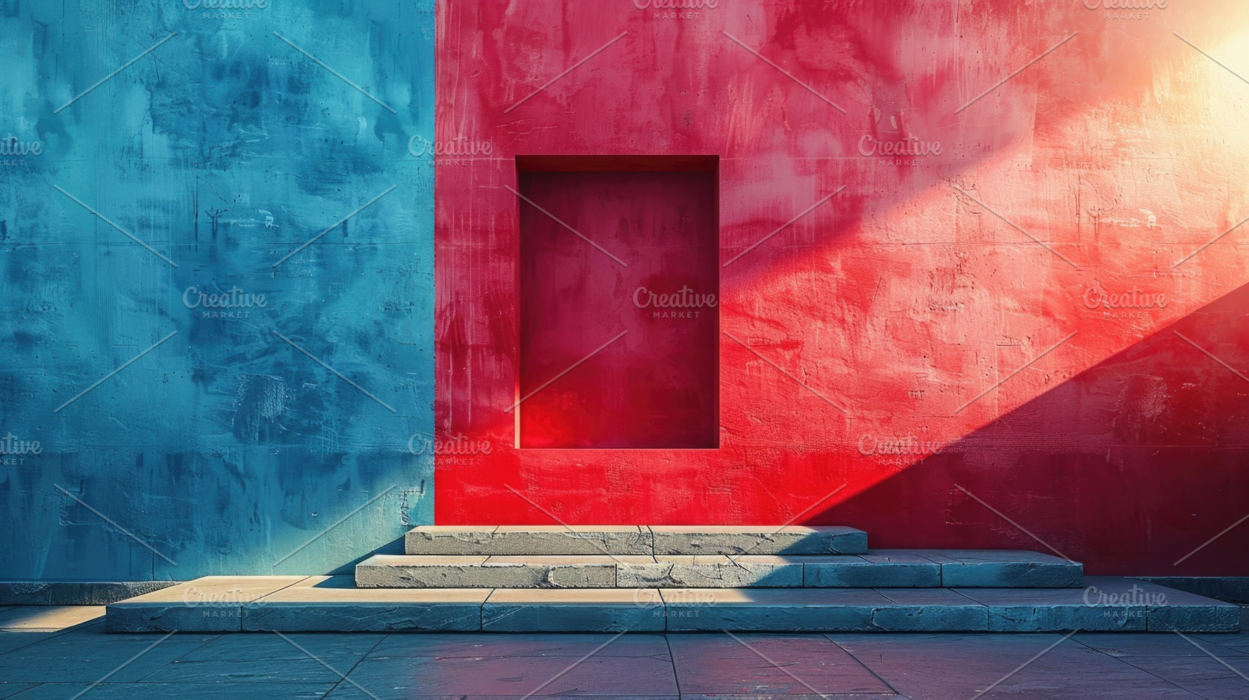 Colorful Urban Wall with Red Doorway and Blue Concrete Texture, an Abstract Photo by José Manuel Gelpi