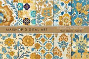 Mustard & Blue Floral Patterns, a Pattern Graphic by Maishop (Thumbnail 1 of 4)