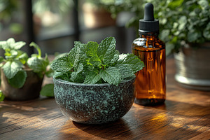 Small bottle of mint essential oil with mint leaves in mortar, a Health & Medical Photo by AlyaAnd