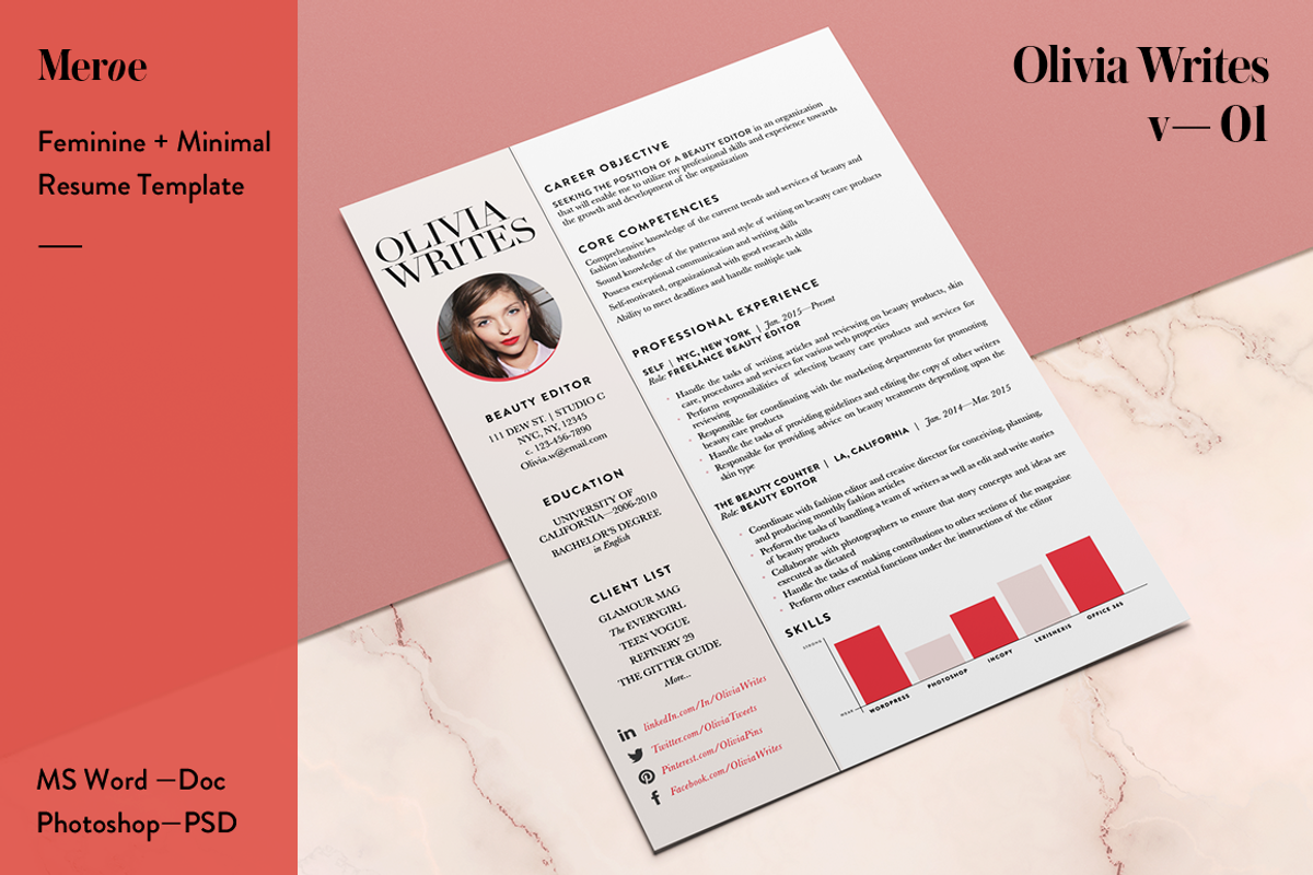 Feminine Resume / CV Template, a Resume Template by STUDIO MEROE (Photo 4 of 7)