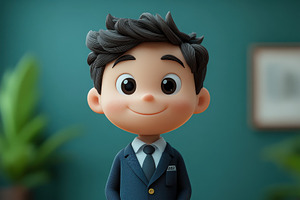 Smiling animated character in a suit, a Photo by Tanuart