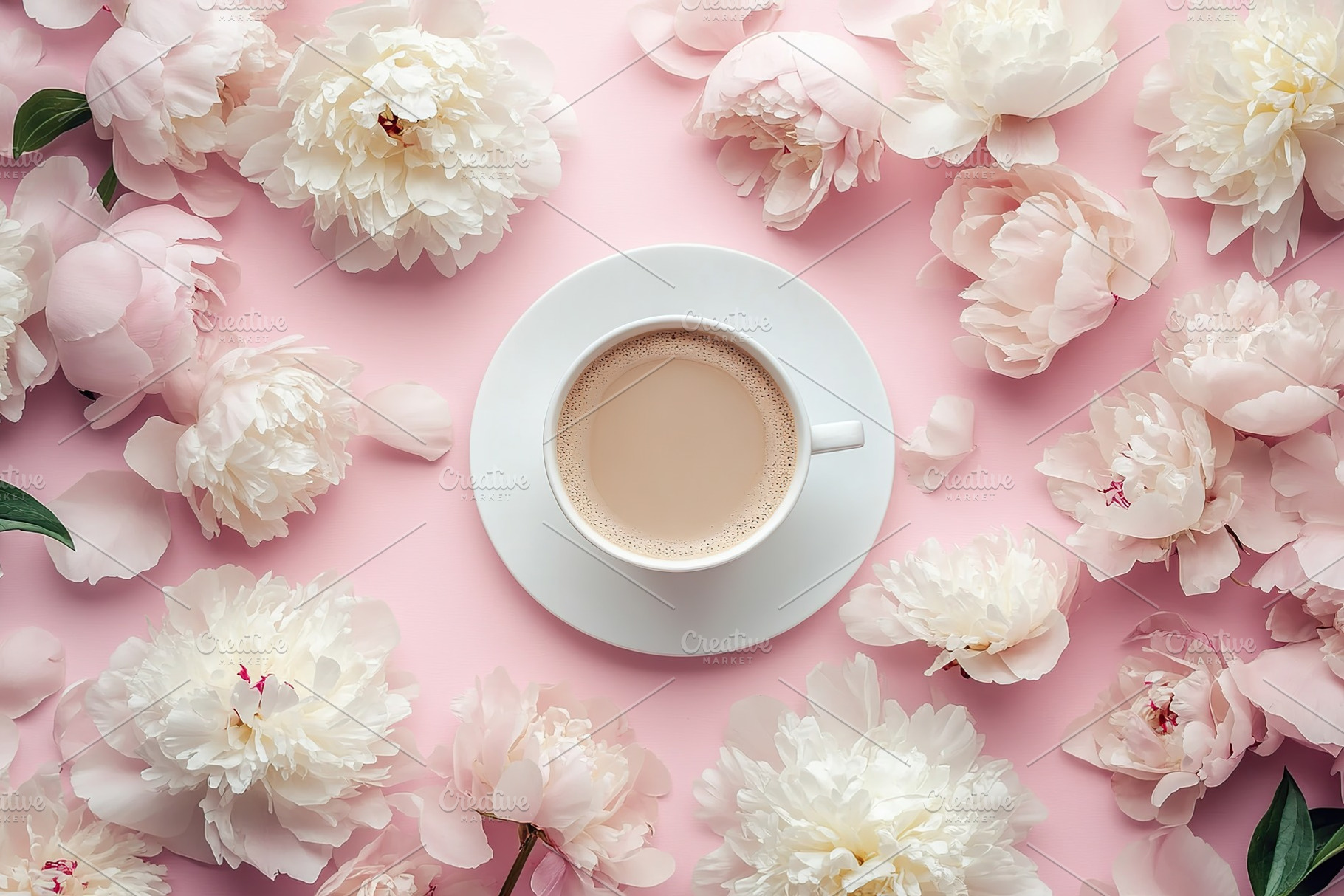 Cup of hot coffee and peony flowers on pink background, a Food & Drink Photo by AlyaAnd