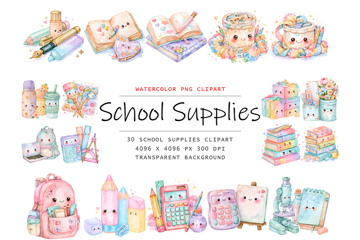 Watercolor School Supplies Clipart, a Decorative Illustration by stickermadness (Photo 1 of 4)