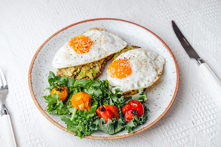 breakfast fried egg avocado toast, a Photo by Art Rachen