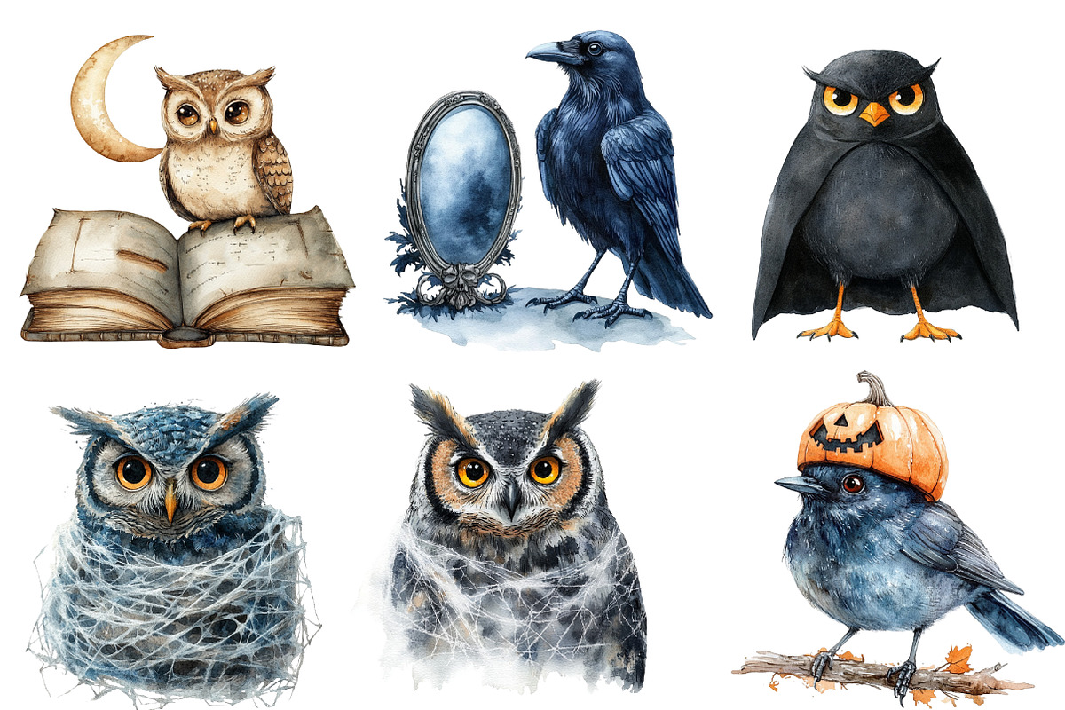 Watercolor Halloween Birds Clipart, an Illustration by Designworld (Photo 3 of 6)