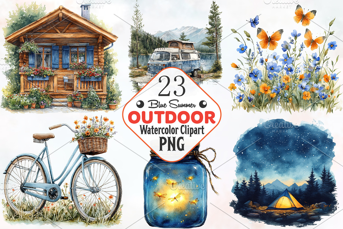 Blue Summer Outdoor Watercolor Clipa, a Seasonal Illustration by RobertsArt (Photo 1 of 7)