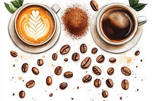 Two cups of coffee latte and espress, a Food & Drink Photo by Pixeness Studio