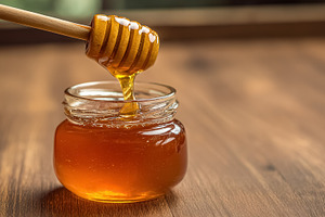 Golden honey dripping from a wooden dipper into a glass jar, sho, a Photo by Studio ANNA