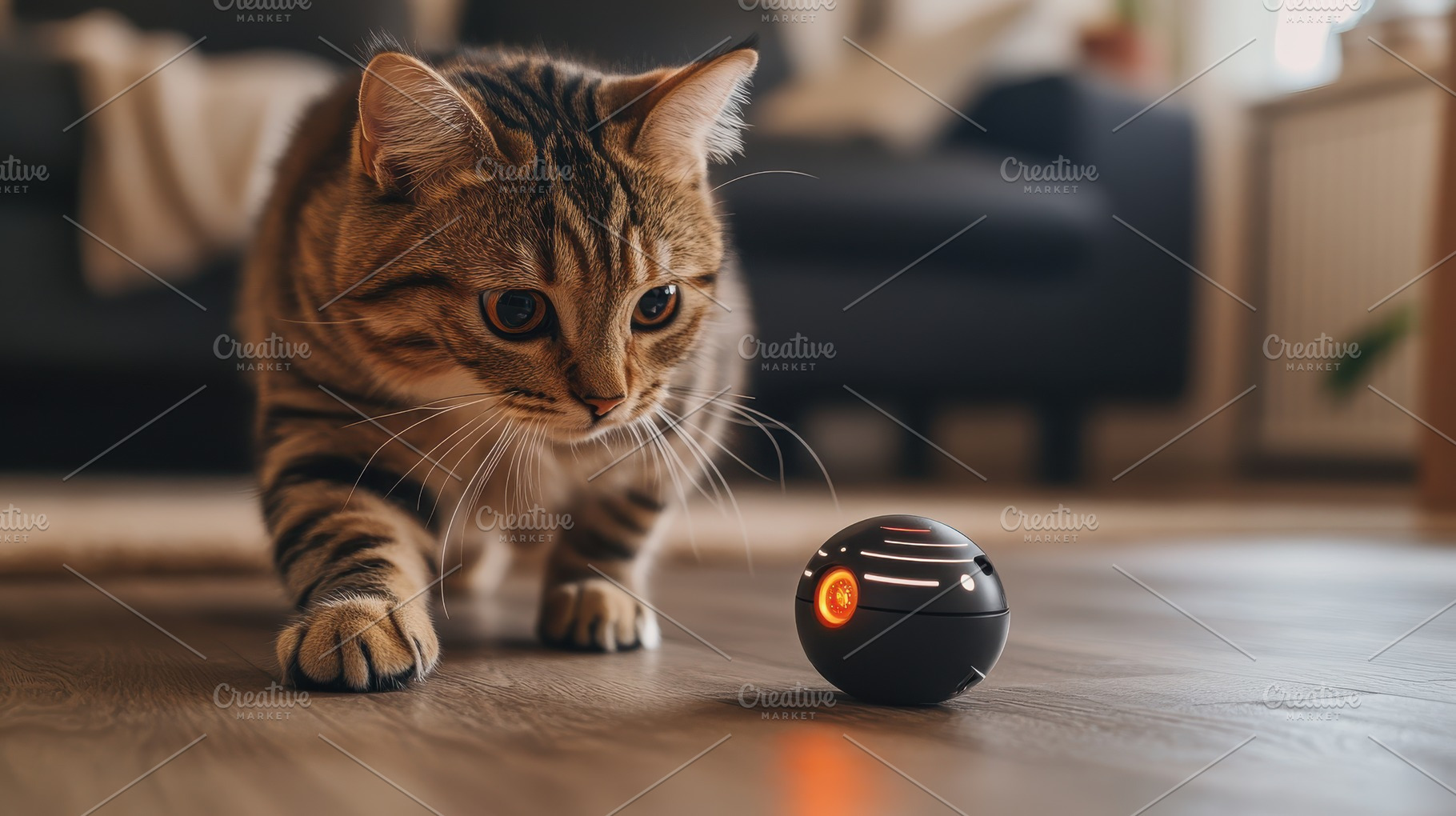 Tabby cat intently focused on a roun, an Animal Photo by Pixeness Studio