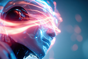 Futuristic humanoid figure with glowing elements, a Technology Photo by AlyaAnd