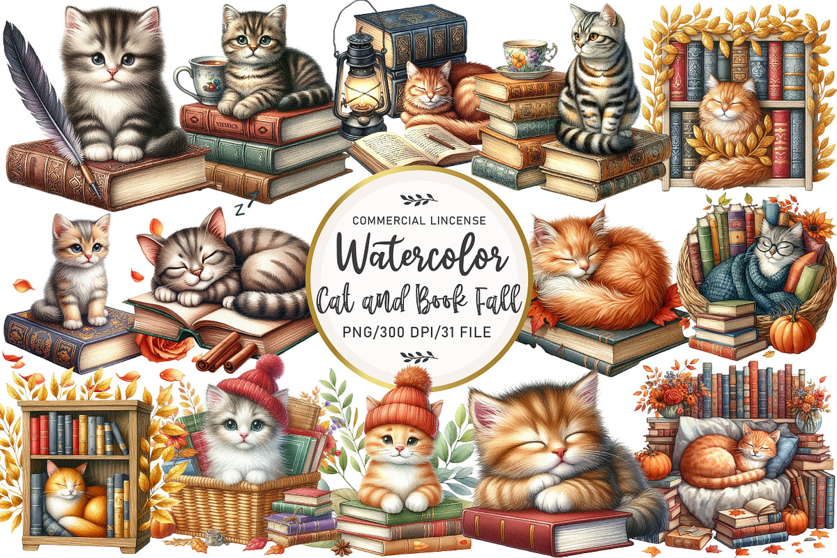 Cat and Book Fall Vibes Clipart, an Illustration by OK Design (Photo 1 of 5)