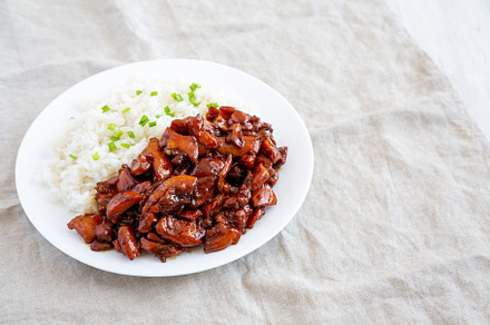 Homemade Teriyaki Chicken with White Rice on A Plate, side view., a Food & Drink Photo by LiudmylaChuhunova